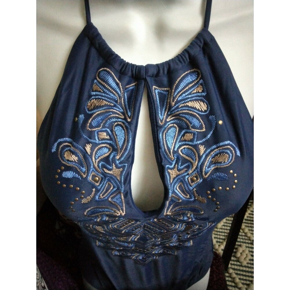 New KNOX ROSE 1-pc swimsuit S blue brass gold peekaboo halter Retails $44.99